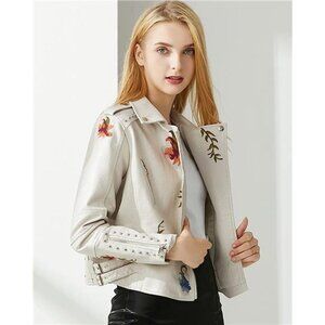 Off White Floral Embroidered Studded Faux Leather Jacket Moto Bomber Jacket Coat